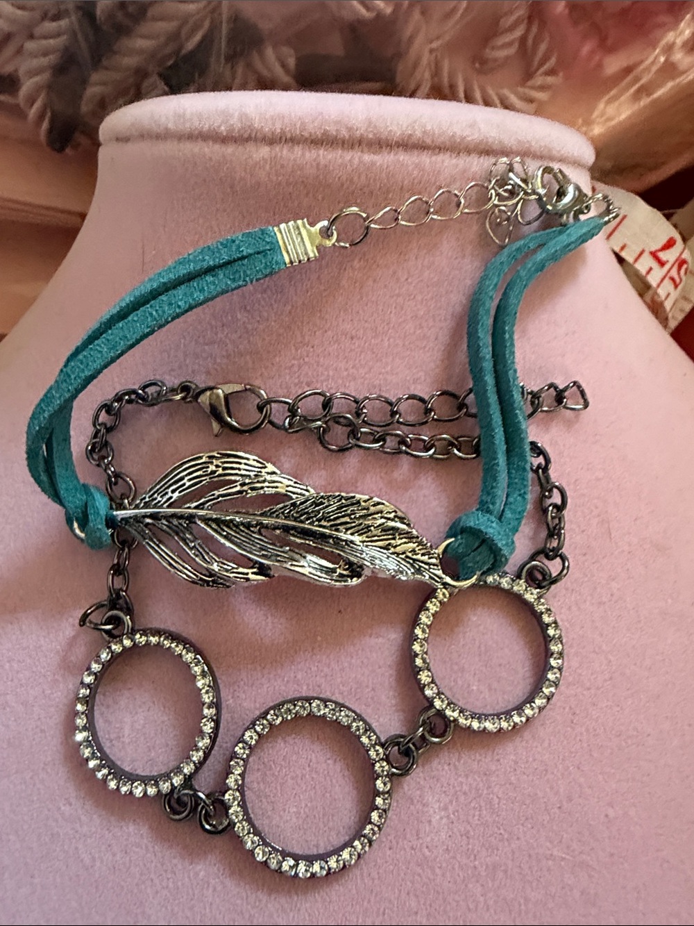 Teal Suede Feather & Crystal-tone, Bracelet Set, Both are Adj., (J0135)